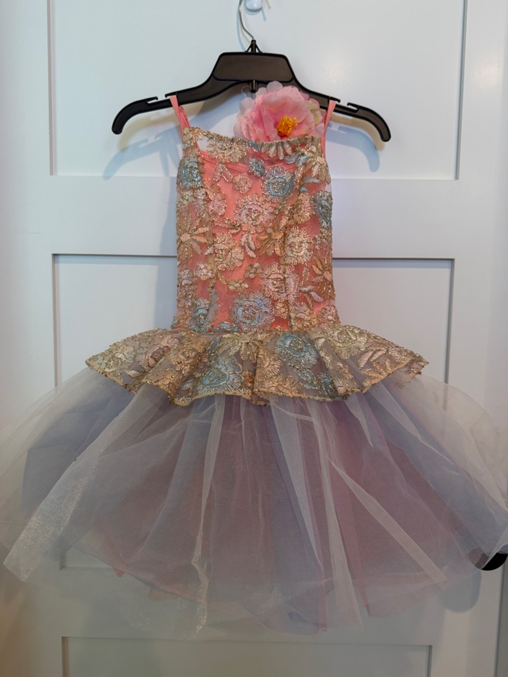Girls Pink Floral Tulle Dance Costume with Gold Accents